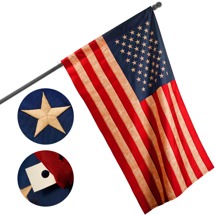 G128 American USA Tea-Stained Flag | 3x5 Ft | ToughWeave Pro Series Pole Sleeve Embroidered 420D Polyester | Embroidered Stars