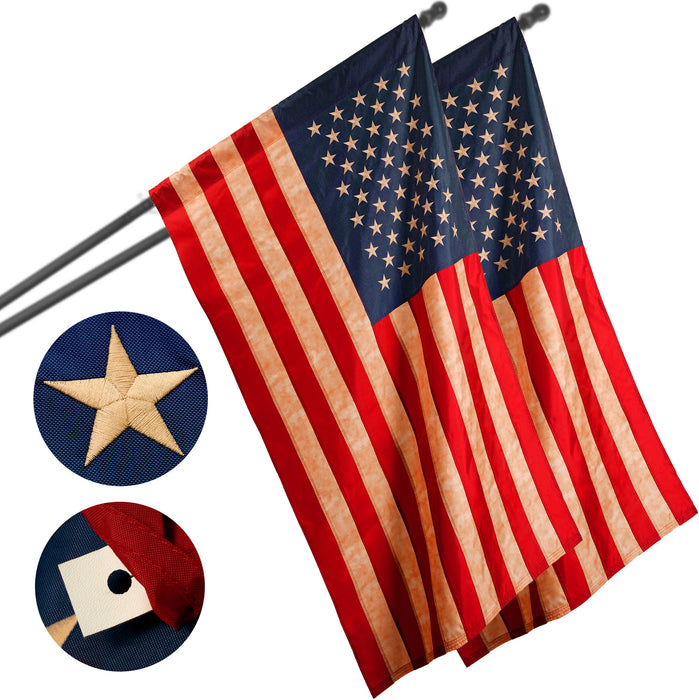 G128 2 Pack: American USA Tea-Stained Flag | 2x3 Ft | ToughWeave Pro Series Pole Sleeve Embroidered 420D Polyester | Embroidered Stars
