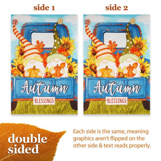 G128 Garden Flag Autumn Blessings Gnomes with Pumpkins | 12x18 Inch | Printed Blockout Polyester - Fall Decoration