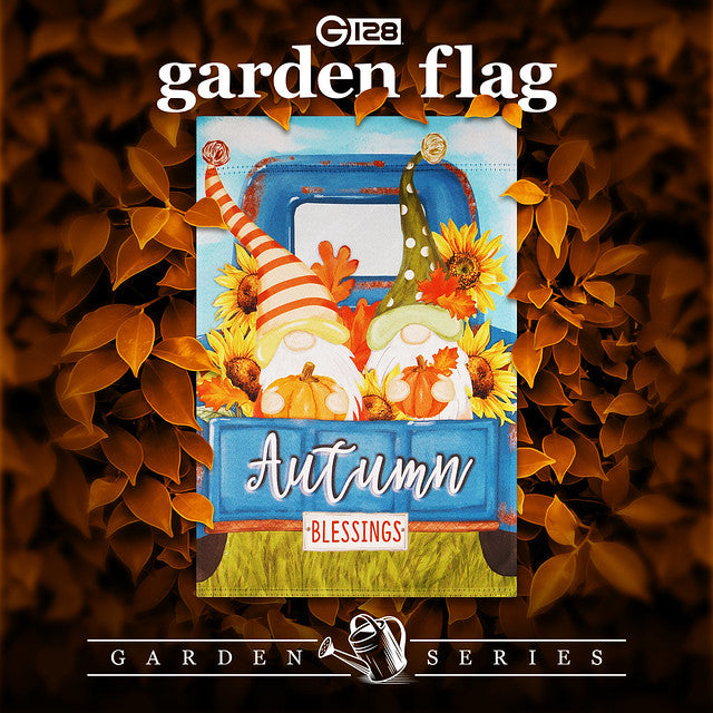 G128 Garden Flag Autumn Blessings Gnomes with Pumpkins | 12x18 Inch | Printed Blockout Polyester - Fall Decoration