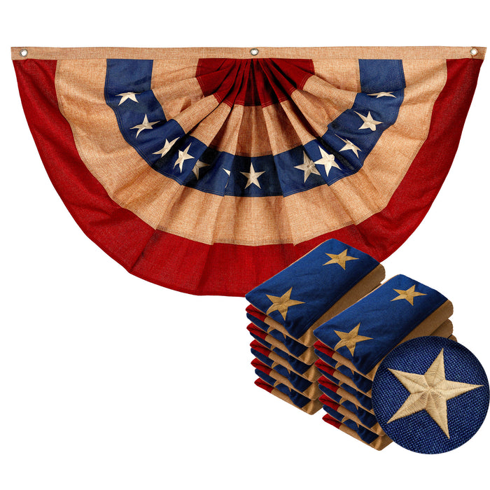 G128 - 10 Pack: USA Tea Stained Pleated Fan Flag 2x4FT Burlap Embroidered Polyester Stars and Stripes
