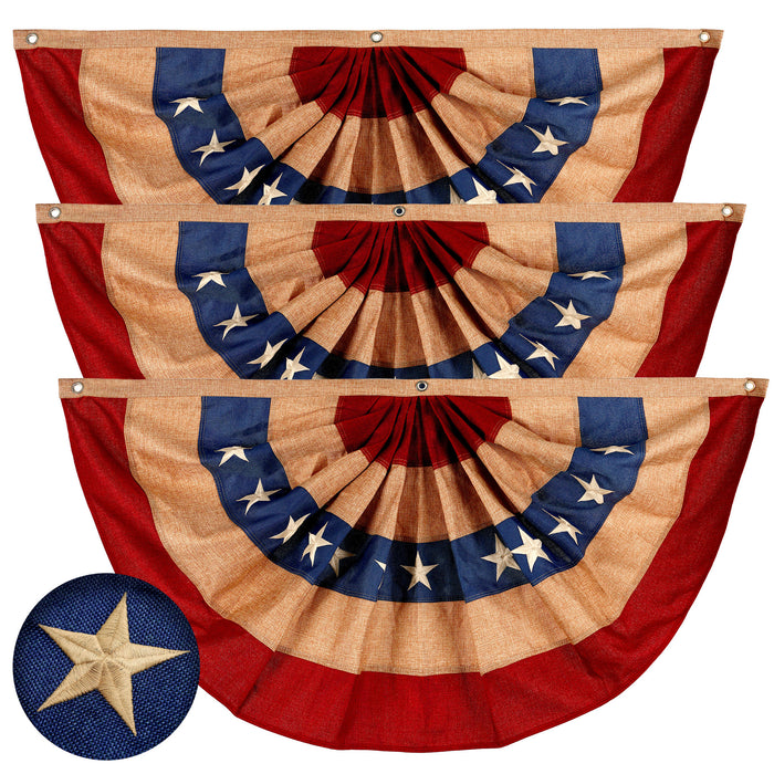 G128 - 3 Pack: USA Tea Stained Pleated Fan Flag 3x6FT Burlap Embroidered Polyester Stars and Stripes