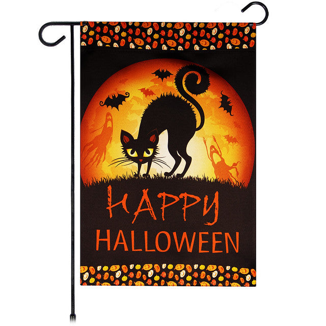 G128 Garden Flag Happy Halloween Black Cat and Ghosts | 12x18 Inch | Printed Blockout Polyester - Halloween Fall Decoration