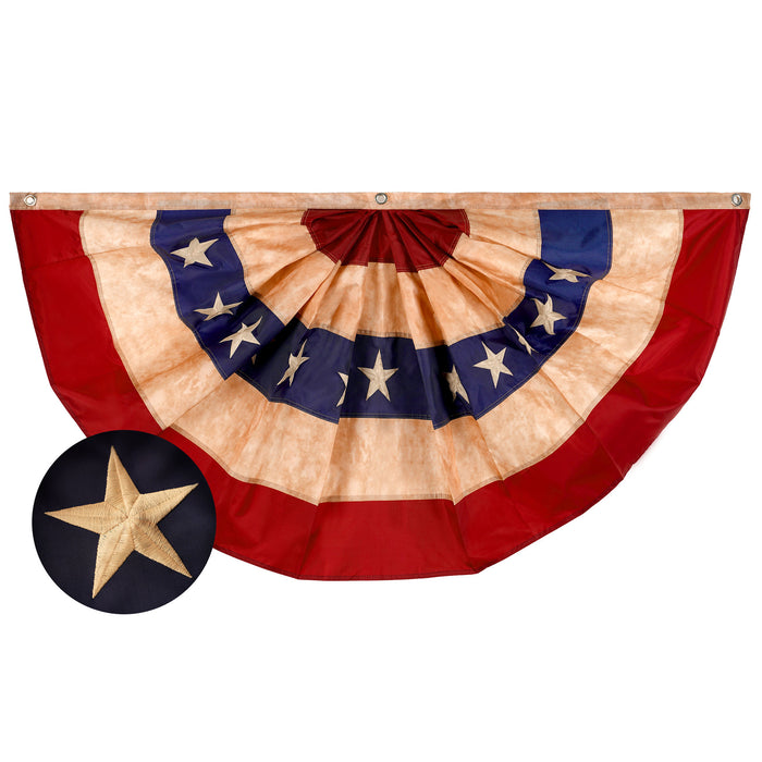 G128 USA Tea Stained Pleated Fan Flag 3x6FT Embroidered Polyester Stars and Stripes