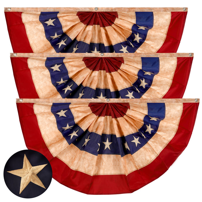 G128 - 3 Pack: USA Tea Stained Pleated Fan Flag 1.5x3FT Embroidered Polyester Stars and Stripes