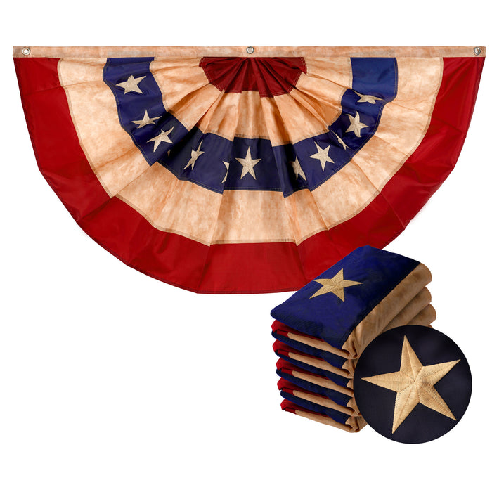 G128 - 5 Pack: USA Tea Stained Pleated Fan Flag 1.5x3FT Embroidered Polyester Stars and Stripes