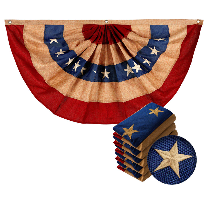 G128 - 5 Pack: USA Tea Stained Pleated Fan Flag 2x4FT Burlap Embroidered Polyester Stars and Stripes