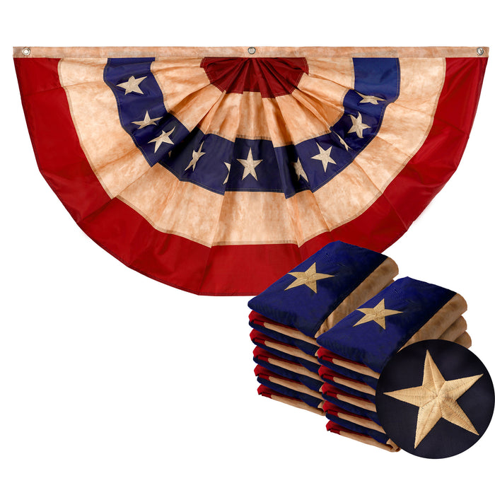 G128 - 10 Pack: USA Tea Stained Pleated Fan Flag 1.5x3FT Embroidered Polyester Stars and Stripes