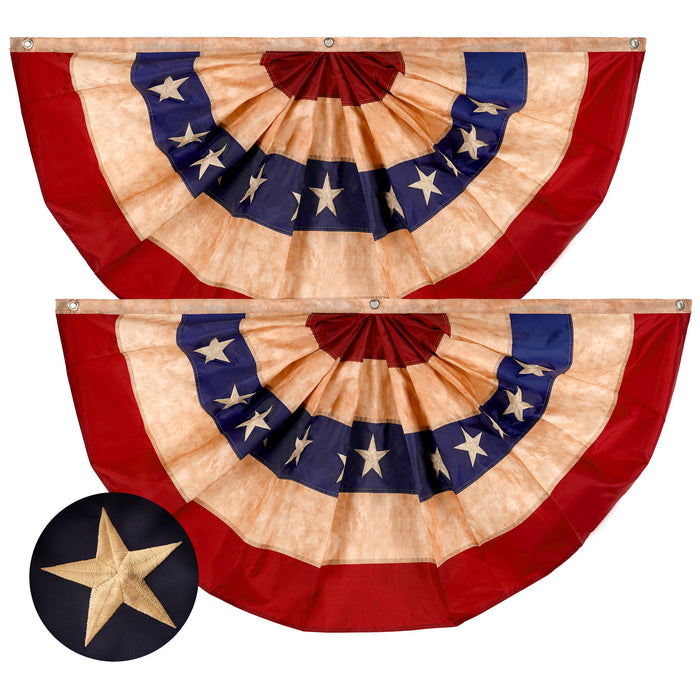 G128 - 2 Pack: USA Tea Stained Pleated Fan Flag 3x6FT Embroidered Polyester Stars and Stripes