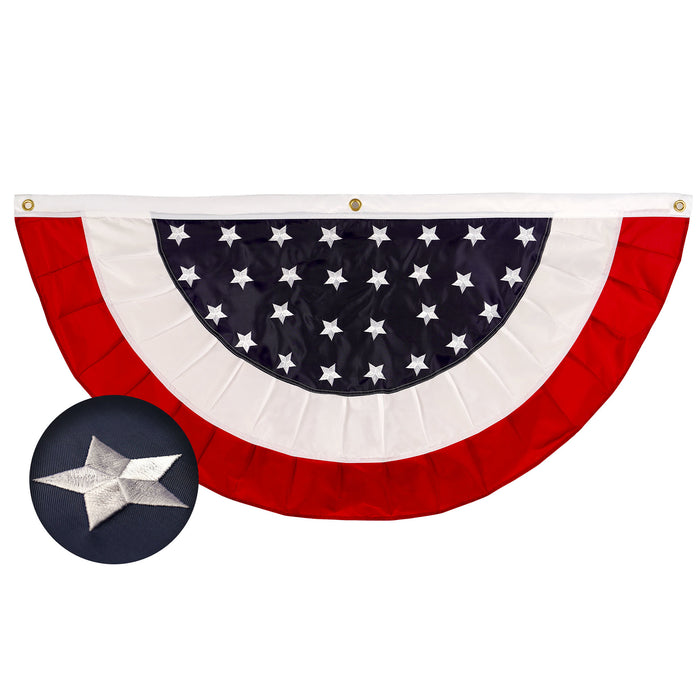 G128 USA Pleated Fan Flag 3x6FT Star Center Embroidered Polyester Stars and Stripes