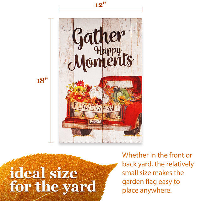 G128 Garden Flag Gather Happy Moments Flower Truck | 12x18 Inch | Printed Blockout Polyester - Fall Decoration