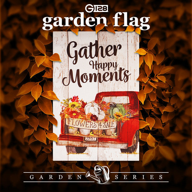 G128 Garden Flag Gather Happy Moments Flower Truck | 12x18 Inch | Printed Blockout Polyester - Fall Decoration