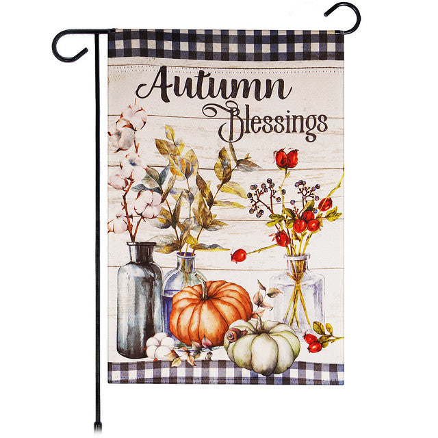 G128 Garden Flag Autumn Blessings Pumpkins and Flower Vases | 12x18 Inch | Printed Blockout Polyester - Fall Decoration