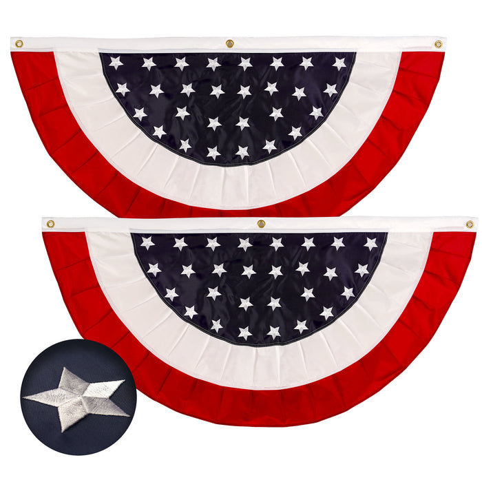 G128 - 2 Pack: USA Pleated Fan Flag 1.5x3FT Star Center Embroidered Polyester Stars and Stripes