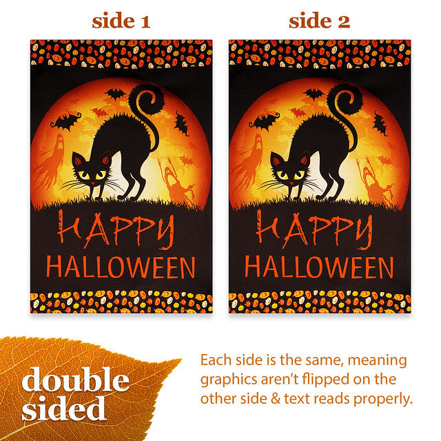 G128 Garden Flag Happy Halloween Black Cat and Ghosts | 12x18 Inch | Printed Blockout Polyester - Halloween Fall Decoration