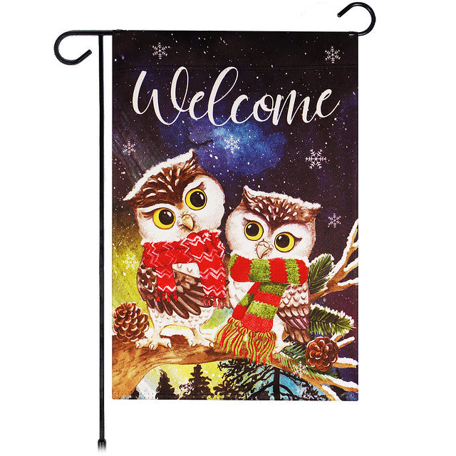 G128 Garden Flag Welcome Cozy Owls with Scarves | 12x18 Inch | Printed Blockout Polyester - Christmas Decoration