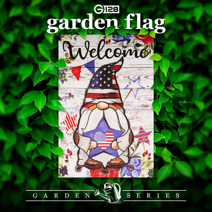 G128 Garden Flag Welcome Patriotic Gnome with Star | 12x18 Inch | Printed Blockout Polyester - Patriotic Decoration