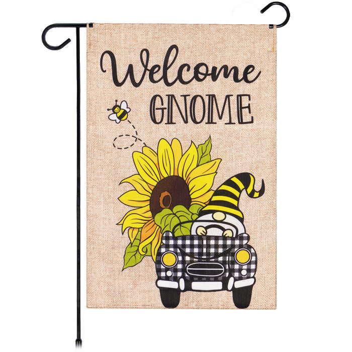 G128 Garden Flag Welcome Gnome Sunflower Car | 12x18 Inch | Printed Burlap Polyester - Everyday Decoration