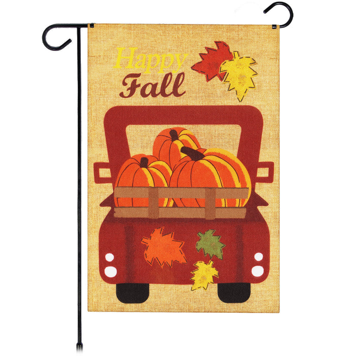 G128 Garden Flag Happy Fall Pumpkins in Truck Bed | 12x18 Inch | Printed Burlap Polyester - Fall Decoration