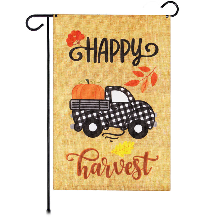 G128 Garden Flag Happy Harvest Pumpkin in Truck Bed | 12x18 Inch | Printed Burlap Polyester - Fall Decoration
