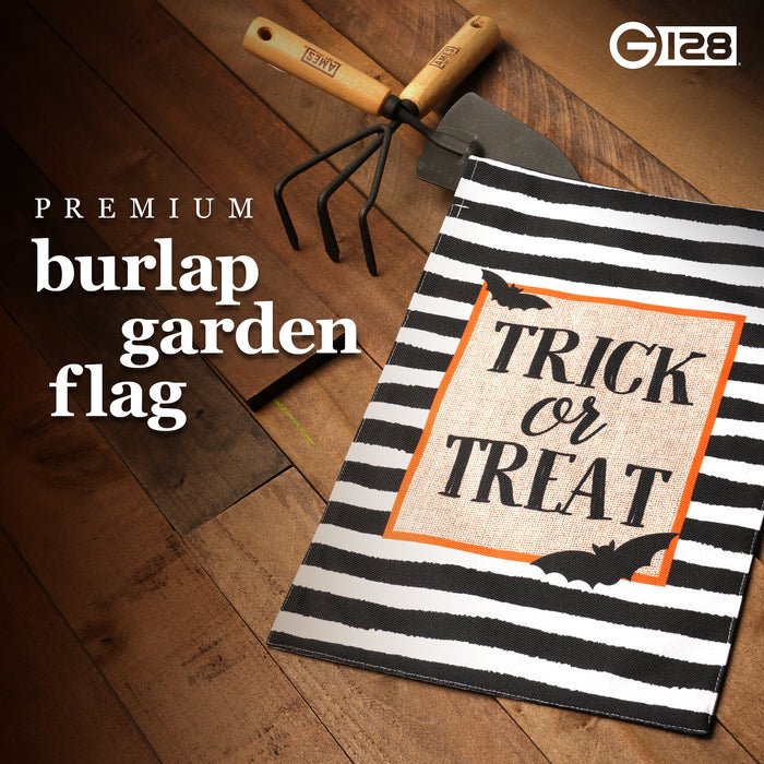 G128 Garden Flag Trick or Treat Bats and Black and White Stripes | 12x18 Inch | Printed Burlap Polyester - Halloween Fall Decoration