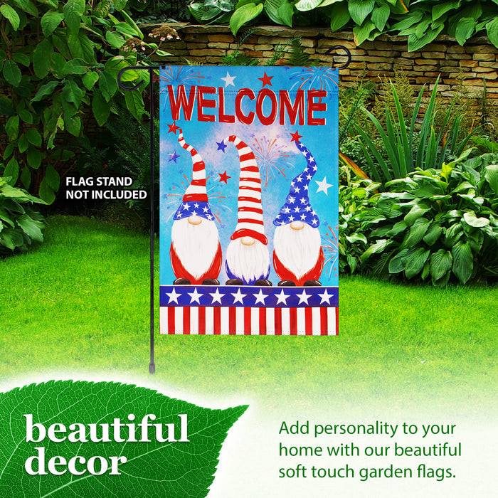 G128 Garden Flag Welcome 3 Patriotic Gnomes | 12x18 Inch | Printed Blockout Polyester - Patriotic Decoration