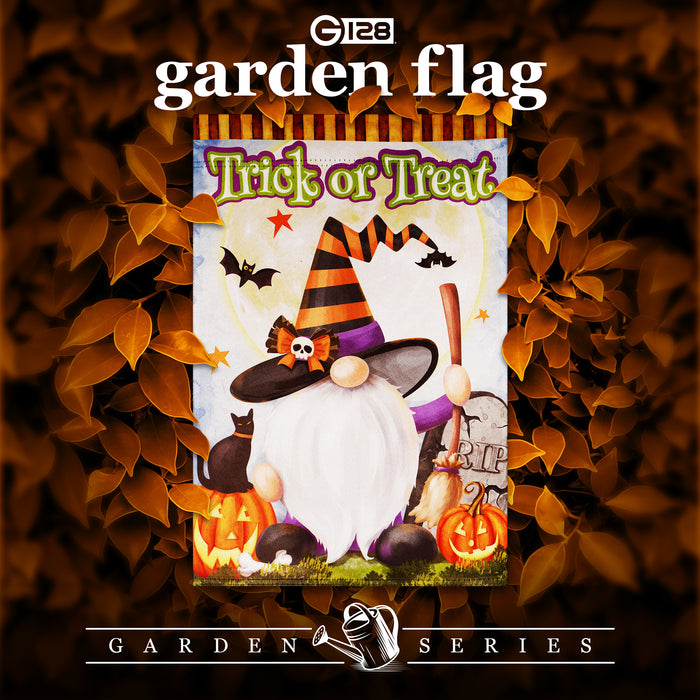G128 Garden Flag Trick or Treat Witch Hat Gnome with Broom | 12x18 Inch | Printed Blockout Polyester - Halloween Fall Decoration