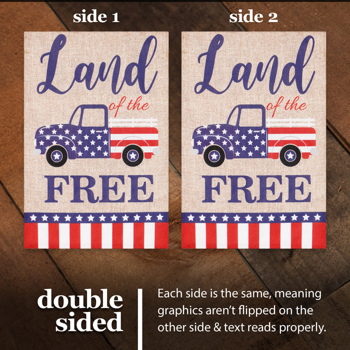 G128 Garden Flag Land of the Free American Truck | 12x18 Inch | Printed Burlap Polyester - Patriotic Decoration