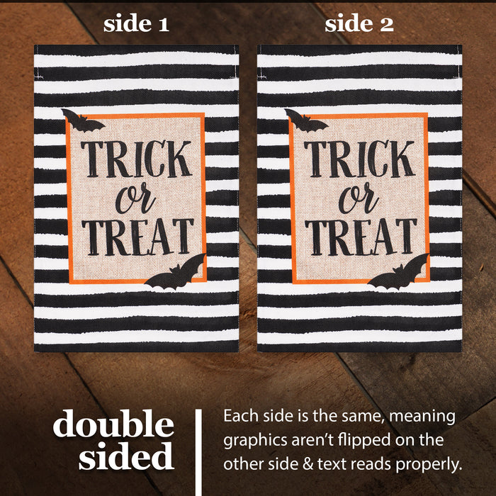 G128 Garden Flag Trick or Treat Bats and Black and White Stripes | 12x18 Inch | Printed Burlap Polyester - Halloween Fall Decoration