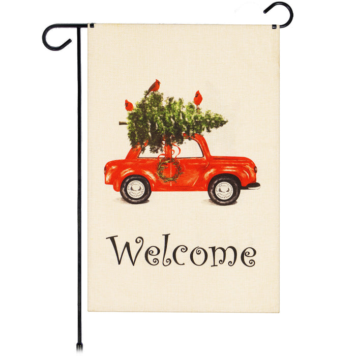 G128 Garden Flag Welcome Christmas Tree on Car 12"x18" Burlap Fabric