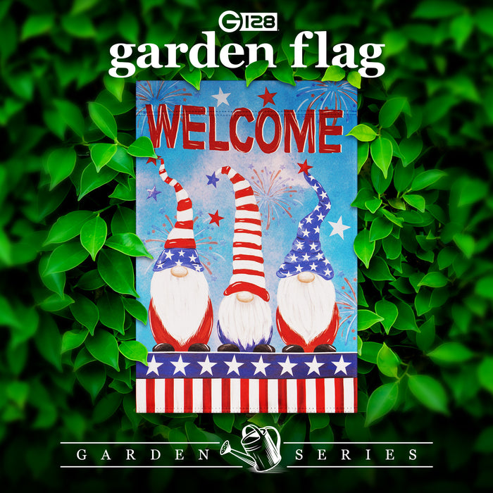 G128 Garden Flag Welcome 3 Patriotic Gnomes | 12x18 Inch | Printed Blockout Polyester - Patriotic Decoration