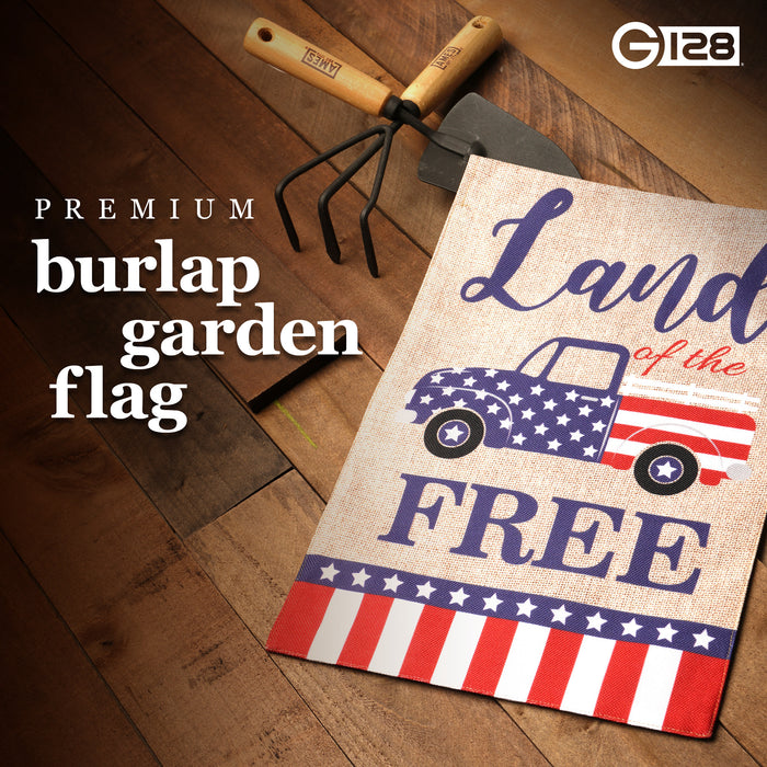 G128 Garden Flag Land of the Free American Truck | 12x18 Inch | Printed Burlap Polyester - Patriotic Decoration