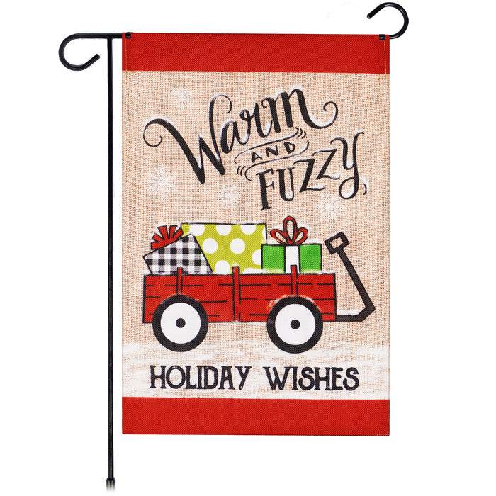 G128 Garden Flag Warm and Fuzzy Holiday Wishes Wagon with Gifts | 12x18 Inch | Printed Burlap Polyester - Christmas Decoration