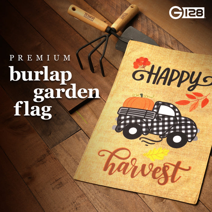 G128 Garden Flag Happy Harvest Pumpkin in Truck Bed | 12x18 Inch | Printed Burlap Polyester - Fall Decoration