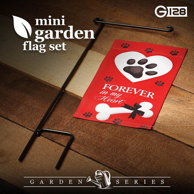 G128 Garden Flag & Stand Forever in My Heart Pawprint Dog Memorial | 4x8 Inch | Printed Blockout Polyester