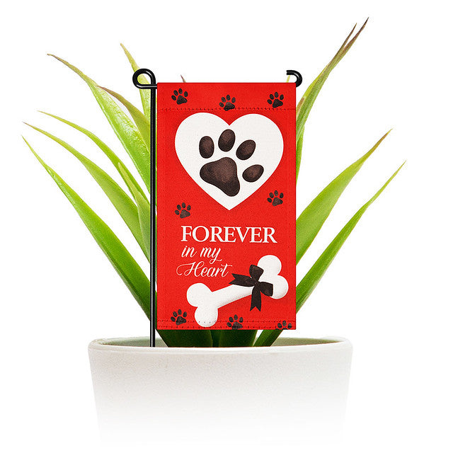 G128 Garden Flag & Stand Forever in My Heart Pawprint Dog Memorial | 4x8 Inch | Printed Blockout Polyester