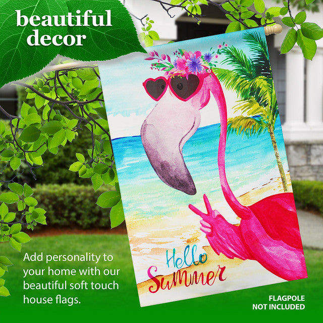 G128 House Flag Hello Summer Peace Sign Flamingo | 28x40 Inch | Printed Blockout Polyester - Summer Decoration