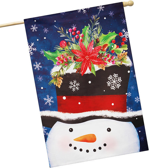 G128 House Flag Snowman with Festive Evergreen Top Hat | 28x40 Inch | Printed Blockout Polyester - Christmas Decoration