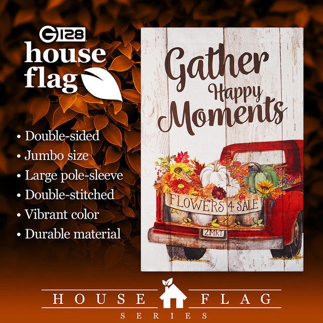 G128 House Flag Gather Happy Moments Flower Truck | 28x40 Inch | Printed Blockout Polyester - Fall Decoration
