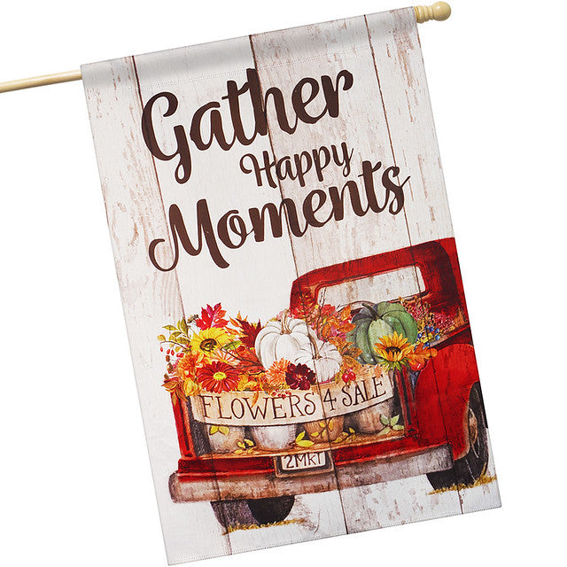 G128 House Flag Gather Happy Moments Flower Truck | 28x40 Inch | Printed Blockout Polyester - Fall Decoration