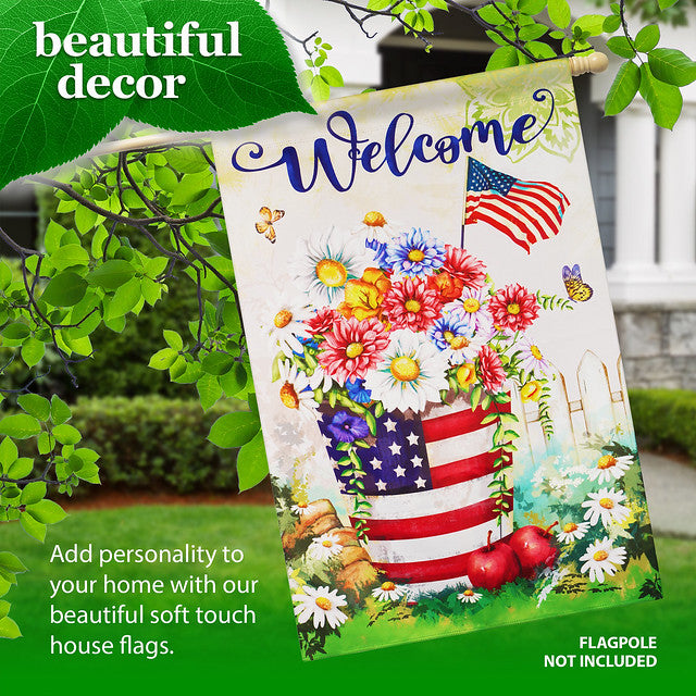 G128 House Flag Welcome USA Patriotic Flower Pot | 28x40 Inch | Printed Blockout Polyester - Patriotic Decoration