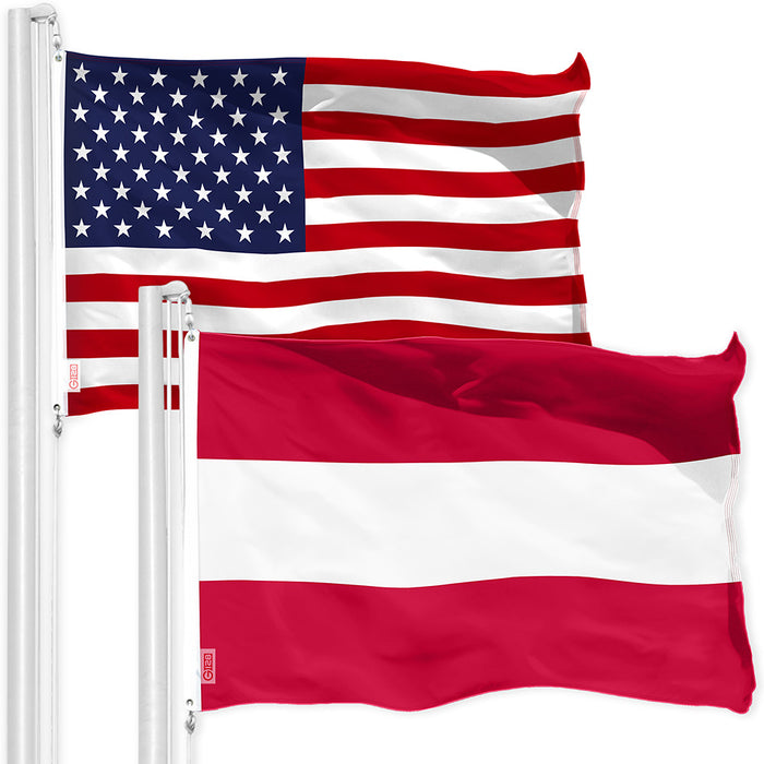 G128 Combo Pack: American USA Flag 3x5 Ft & Austria Austrian Flag 3x5 Ft, Both Printed 150D Polyester, Indoor/Outdoor, Brass Grommets