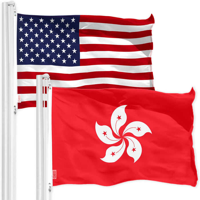 G128 Combo Pack: American USA Flag 3x5 Ft & Hong Kong Hong Konger Flag 3x5 Ft, Both Printed 150D Polyester, Indoor/Outdoor, Brass Grommets