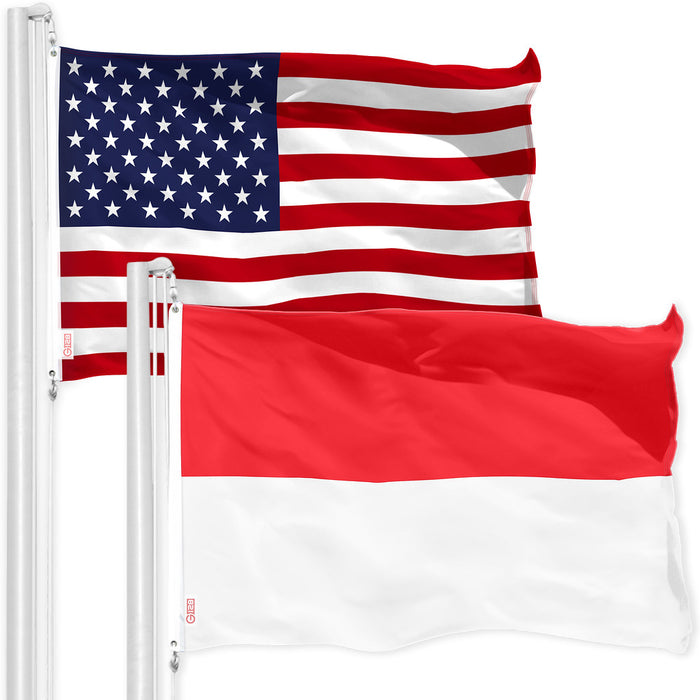 G128 Combo Pack: American USA Flag 3x5 Ft & Indonesia Indonesian Flag 3x5 Ft, Both Printed 150D Polyester, Indoor/Outdoor, Brass Grommets
