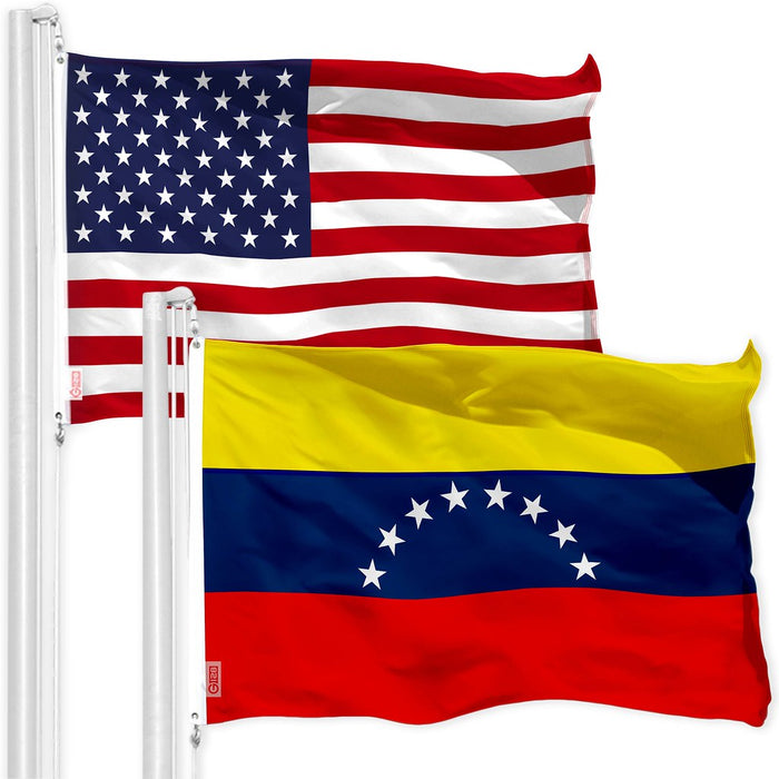 G128 Combo Pack: American USA Flag 3x5 Ft & Venezuela Venezuelan Flag 3x5 Ft, Both Printed 150D Polyester, Indoor/Outdoor, Brass Grommets