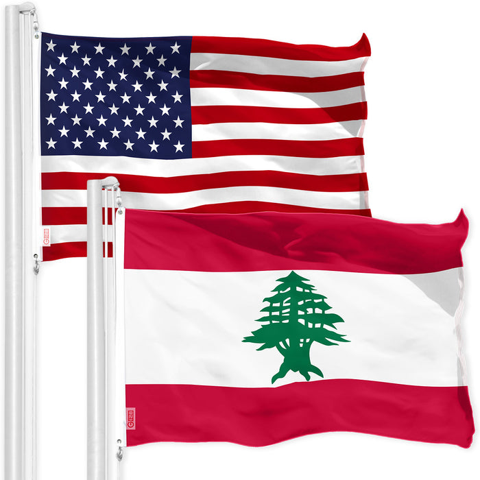 G128 Combo Pack: American USA Flag 3x5 Ft & Lebanon Lebanese Flag 3x5 Ft, Both Printed 150D Polyester, Indoor/Outdoor, Brass Grommets