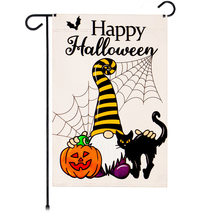 G128 Garden Flag Happy Halloween Gnome with Pumpkin and Black Cat 12"x18" Blockout Fabric