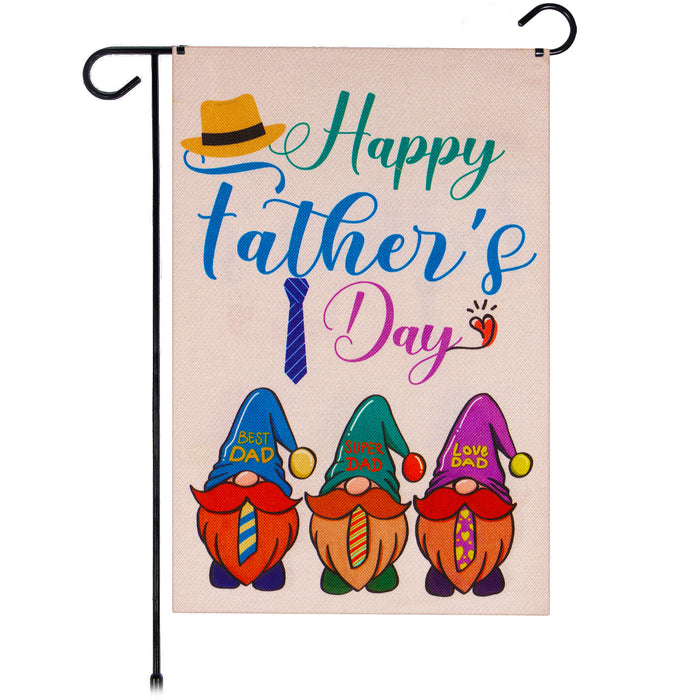 G128 Garden Flag Happy Father's Day Three Gnome Fathers 12"x18" Burlap Fabric