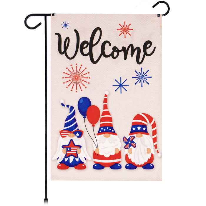 G128 Garden Flag Welcome Three Gnomes Celebrating 4th of July 12"x18" Burlap Fabric