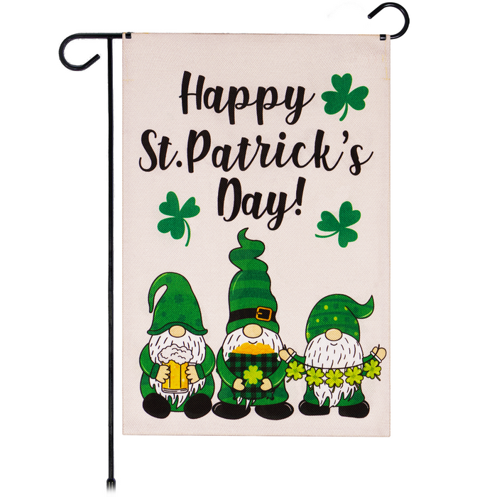 G128 Garden Flag Happy St. Patrick's Day Three Leprechaun Gnomes 12"x18" Burlap Fabric